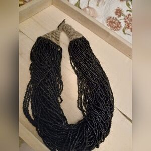 Black Beaded Necklace Multi Layered Crochet & Button Closure